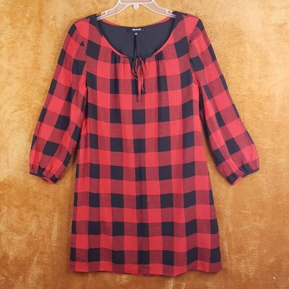 MADEWELL Womens Dress Small Red Pullover Shift Buffalo Plaid Tie Front Keyhole - Picture 1 of 7